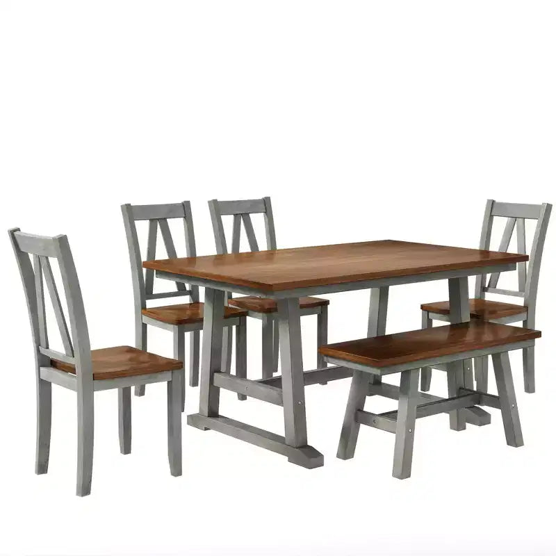 Ensemble de table à manger en bois de ferme 6 pièces avec longue banquette et 4 chaises de salle à manger - ModernLuxe