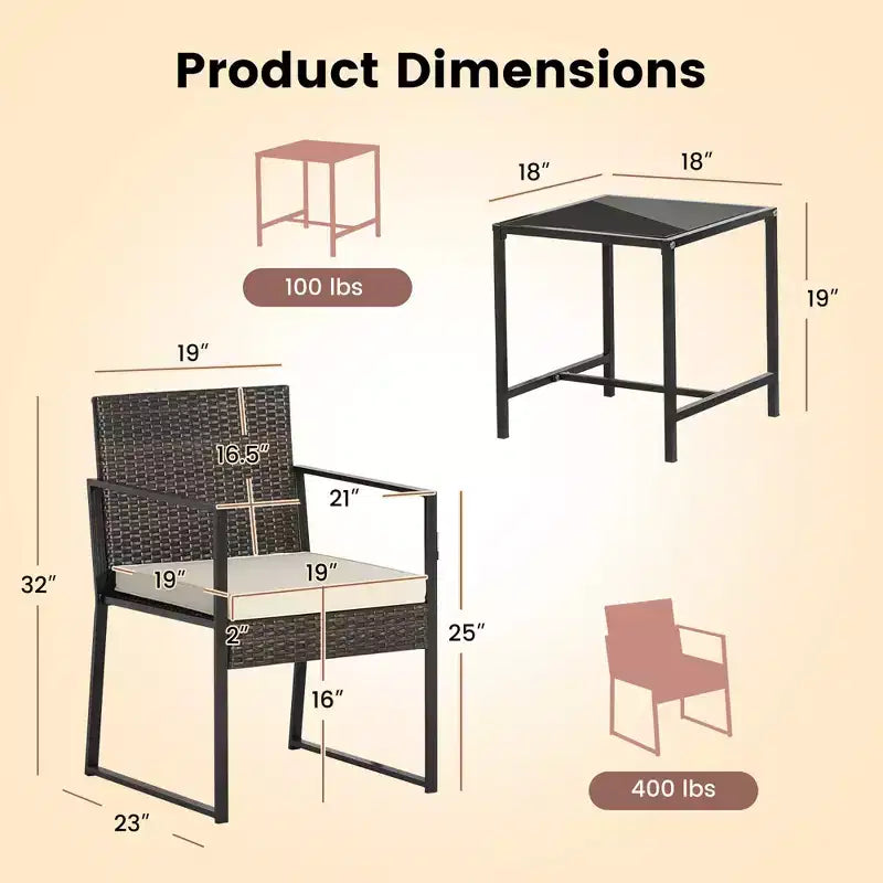 Costway Ensemble de Meubles de Jardin 3 Pièces Chaises en Rotin et Table Rembourrées Robuste