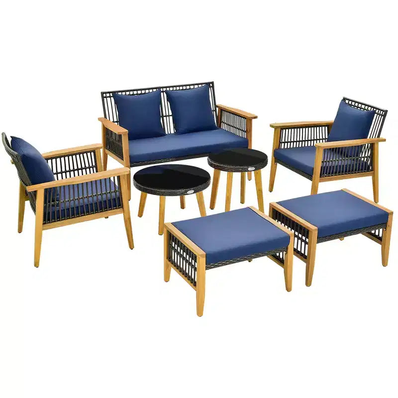 Ensemble de conversation 7 pièces Costway en rotin tressé avec 2 tables basses et 2 poufs
