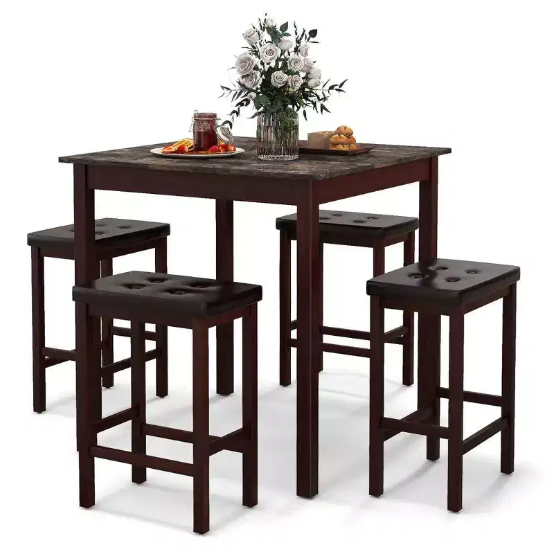Costway Ensemble de Table de Bar 5 Pièces, Table à Manger Carrée et 4 Tabourets de Bar Rembourrés en Cuir PVC Marron/Blanc