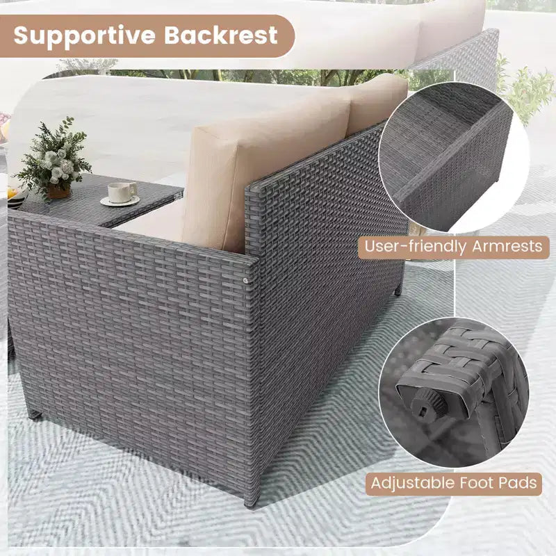 Costway – Causeuse de terrasse 2 places avec pouf de rangement multifonctionnel de 117 L et coussins moelleux