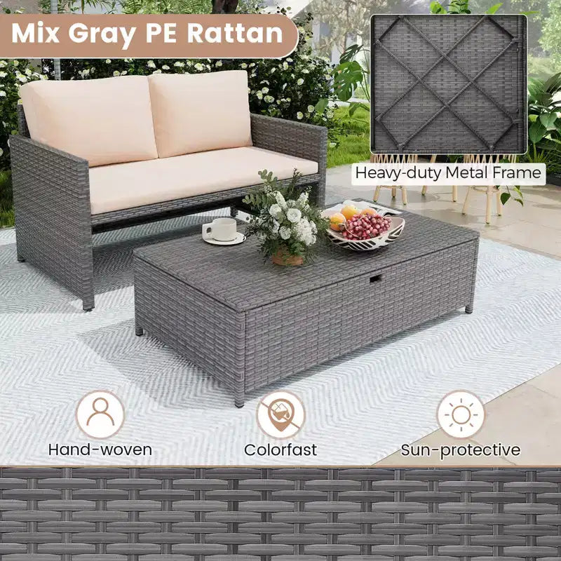 Costway – Causeuse de terrasse 2 places avec pouf de rangement multifonctionnel de 117 L et coussins moelleux