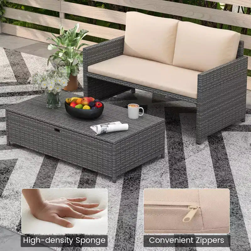 Costway – Causeuse de terrasse 2 places avec pouf de rangement multifonctionnel de 117 L et coussins moelleux