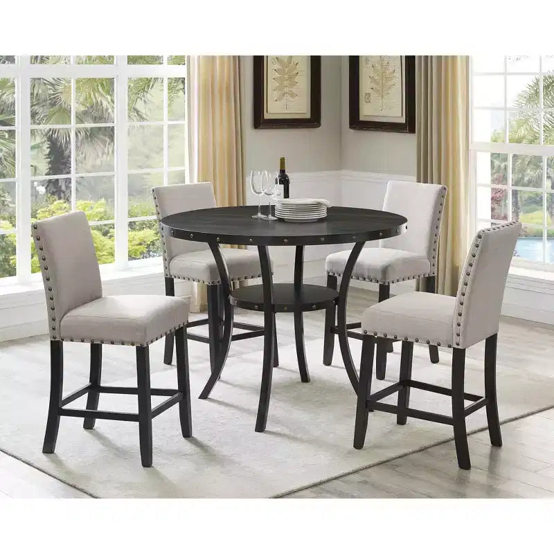 Roundhill Furniture Biony Espresso Wood Counter Height Dining Set with Tan Fabric Nailhead Stools
