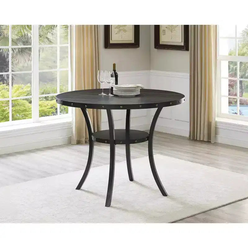 Ensemble de salle à manger Roundhill Furniture Biony hauteur comptoir en bois espresso avec tabourets à clous en tissu beige