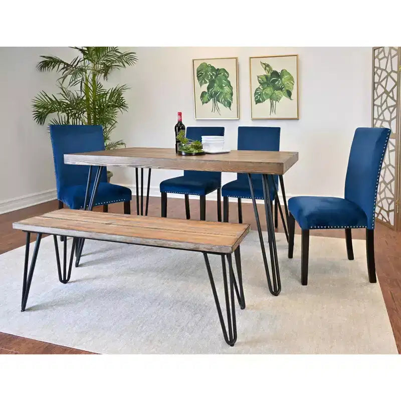 Ensemble de salle à manger 6 pièces Ashzo, table à manger avec pieds épingles à cheveux, 4 chaises et un banc, 3 options de couleur