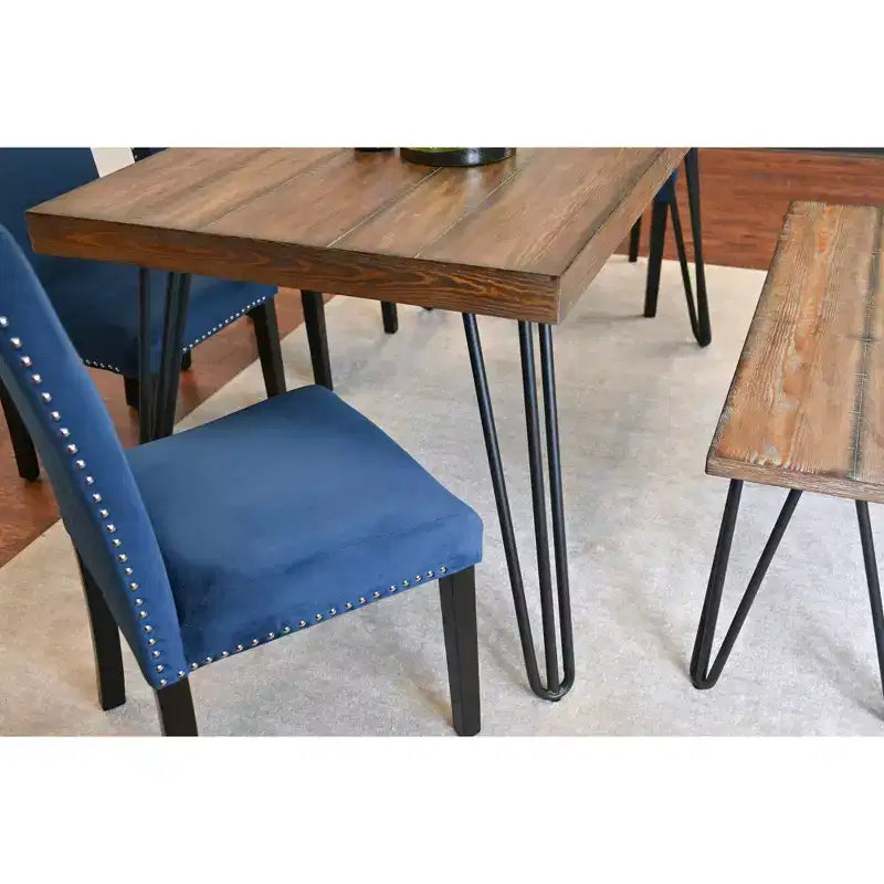Ensemble de salle à manger 6 pièces Ashzo, table à manger avec pieds épingles à cheveux, 4 chaises et un banc, 3 options de couleur