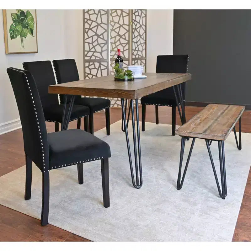 Ensemble de salle à manger 6 pièces Ashzo, table à manger avec pieds épingles à cheveux, 4 chaises et un banc, 3 options de couleur