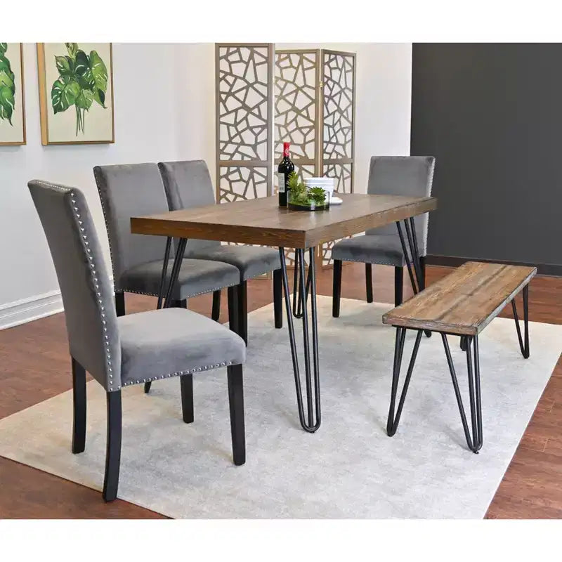 Ensemble de salle à manger 6 pièces Ashzo, table à manger avec pieds épingles à cheveux, 4 chaises et un banc, 3 options de couleur