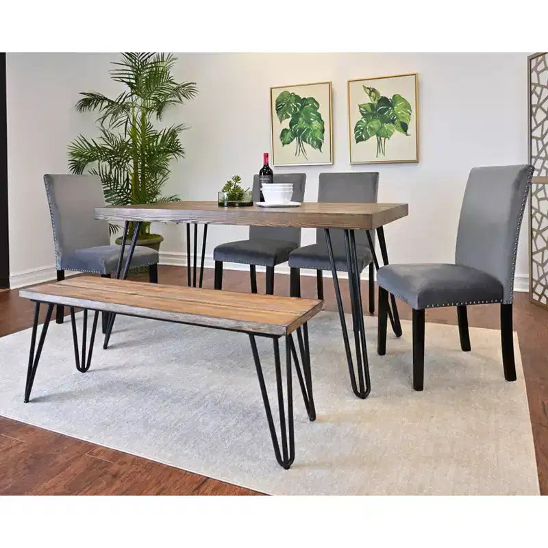 Ensemble de salle à manger 6 pièces Ashzo, table à manger avec pieds épingles à cheveux, 4 chaises et un banc, 3 options de couleur