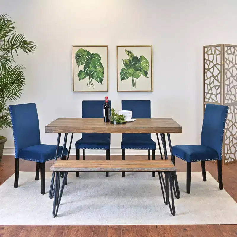 Ensemble de salle à manger 6 pièces Ashzo, table à manger avec pieds épingles à cheveux, 4 chaises et un banc, 3 options de couleur