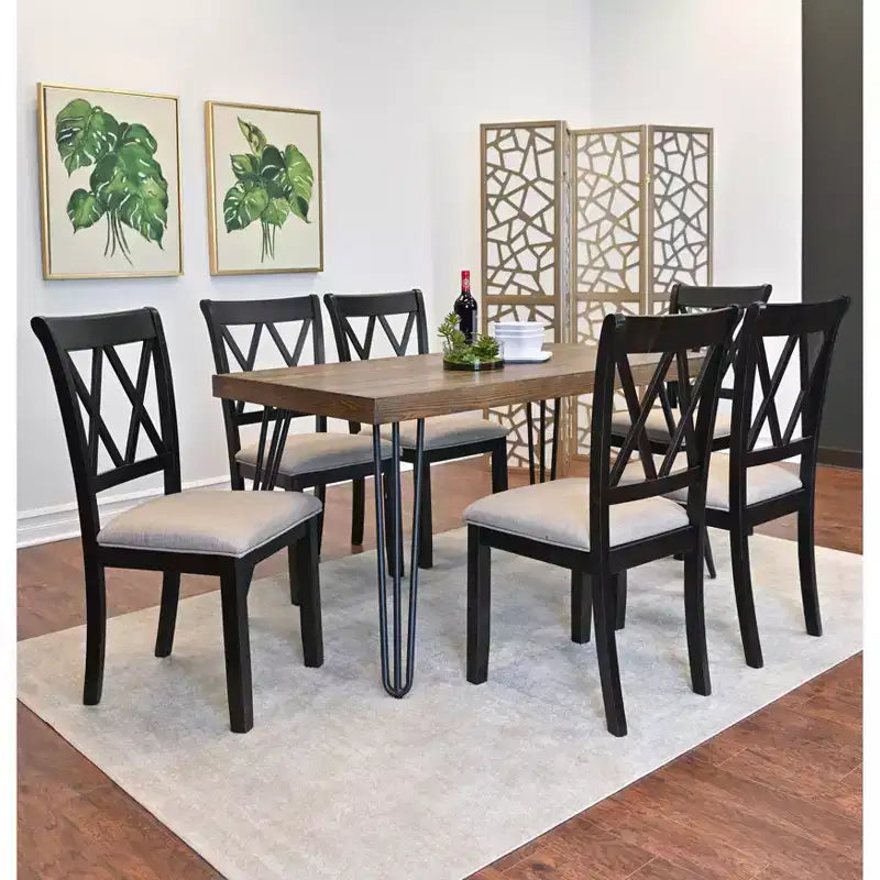 Ensemble de salle à manger Arroyo 7 pièces, table à manger avec pieds en épingle et 6 chaises à dossier croisé, noir intense
