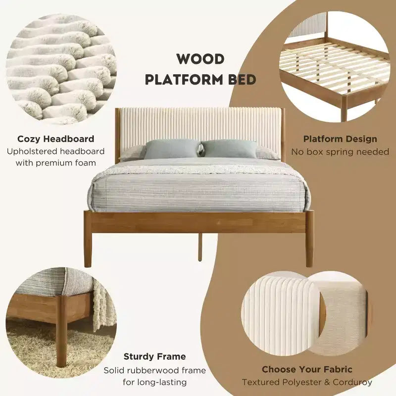 Ensemble de chambre à coucher Roundhill Furniture Vichy 3 pièces en hévéa, lit plateforme avec deux tables de chevet
